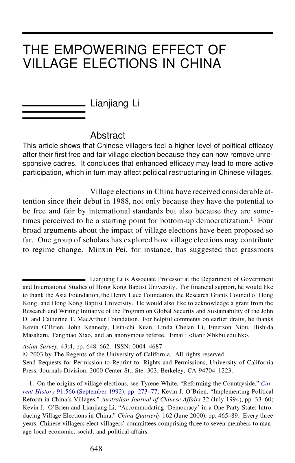 The Empowering Effect of Village Elections in China