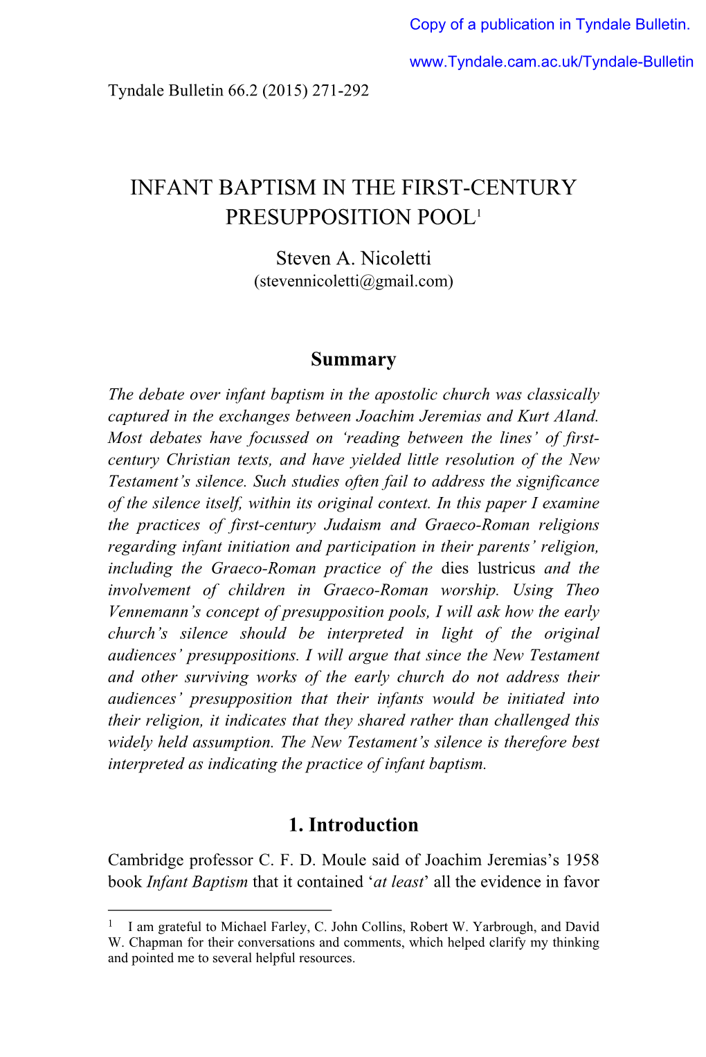 INFANT BAPTISM in the FIRST-CENTURY PRESUPPOSITION POOL1 Steven A