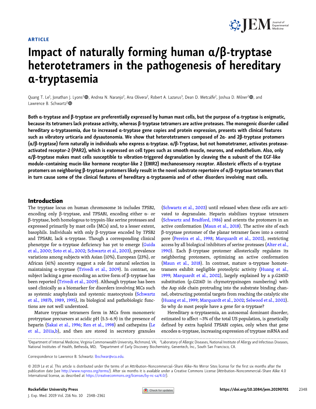 Impact of Naturally Forming Human Α/Β-Tryptase Heterotetramers in the Pathogenesis of Hereditary Α-Tryptasemia