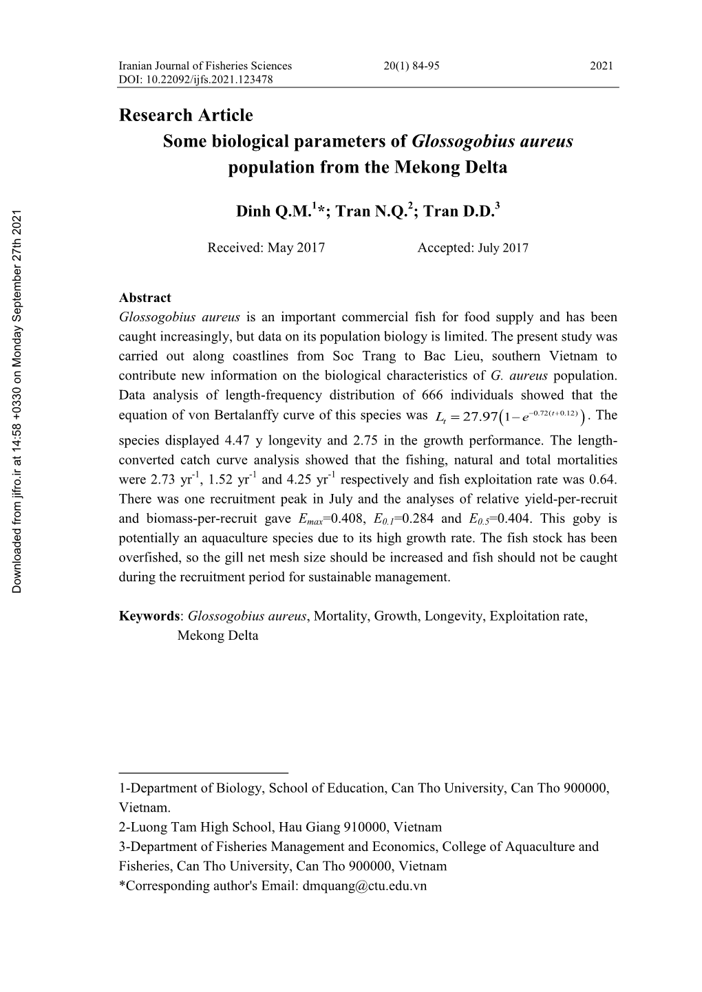 Research Article: Some Biological Parameters of Glossogobius Aureus