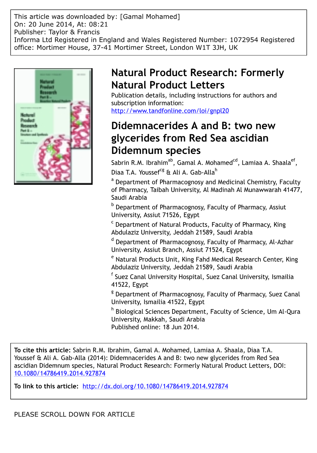 Two New Glycerides from Red Sea Ascidian Didemnum Species Sabrin R.M