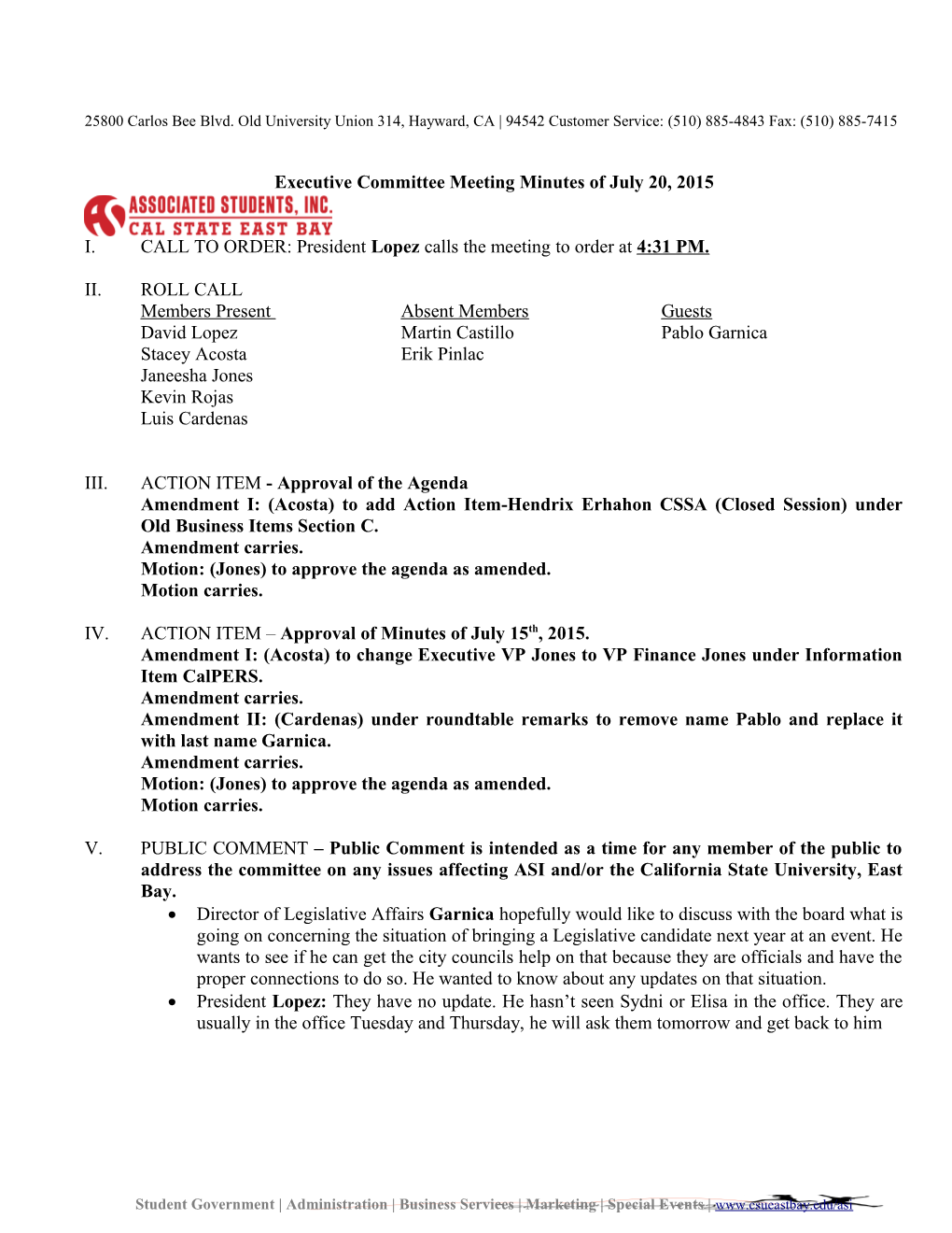 Executive Committee Meeting Minutes of July 20, 2015