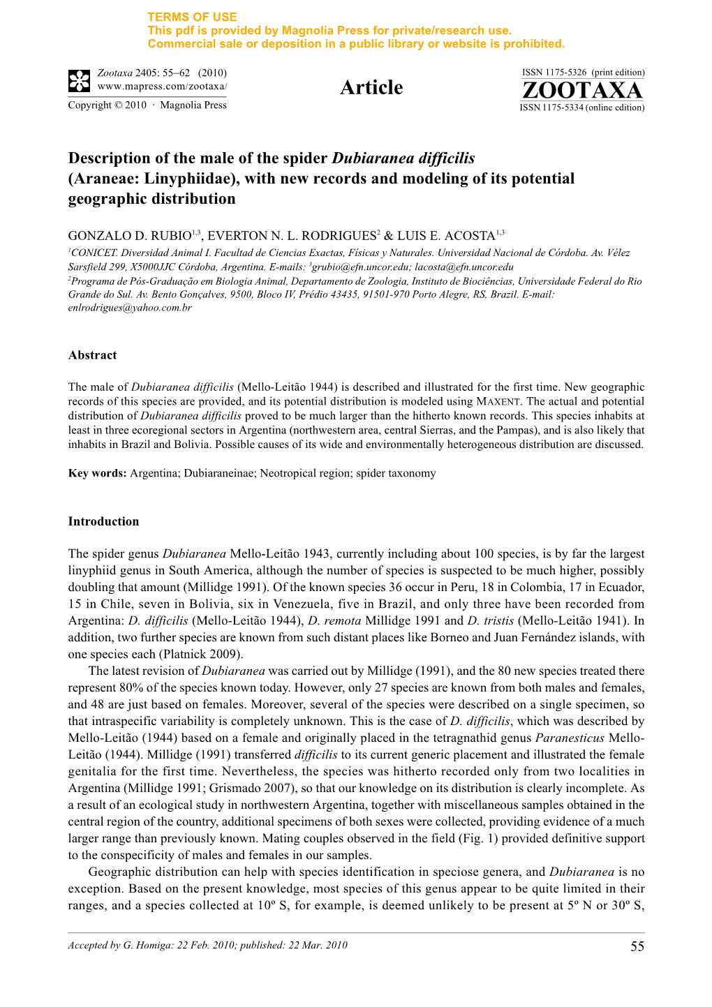 Zootaxa, Description of the Male of the Spider Dubiaranea Difficilis