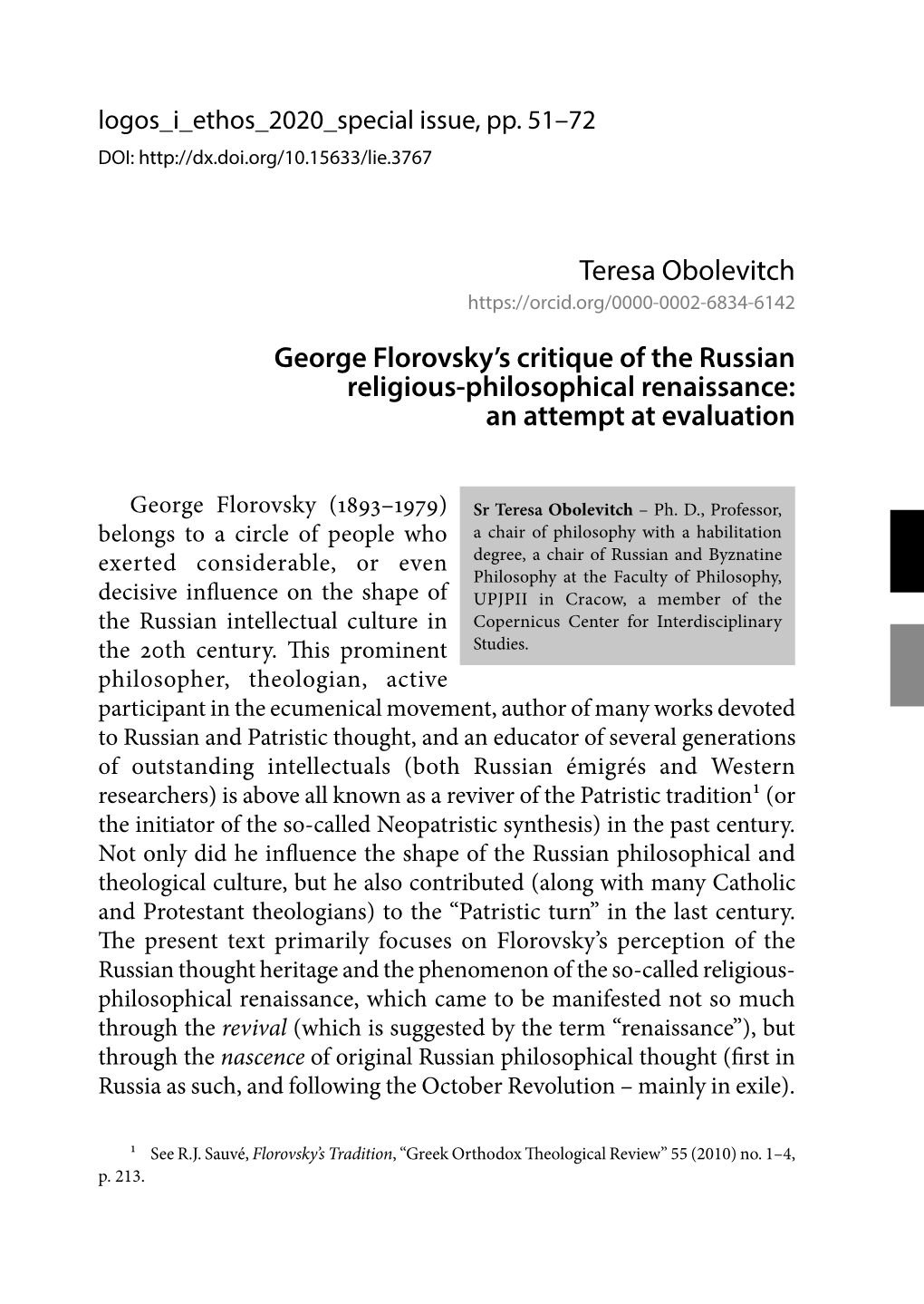 George Florovsky's Critique of the Russian Religious-Philosophical