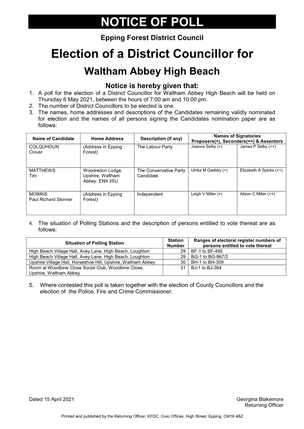 Waltham Abbey High Beach – Notice of Poll