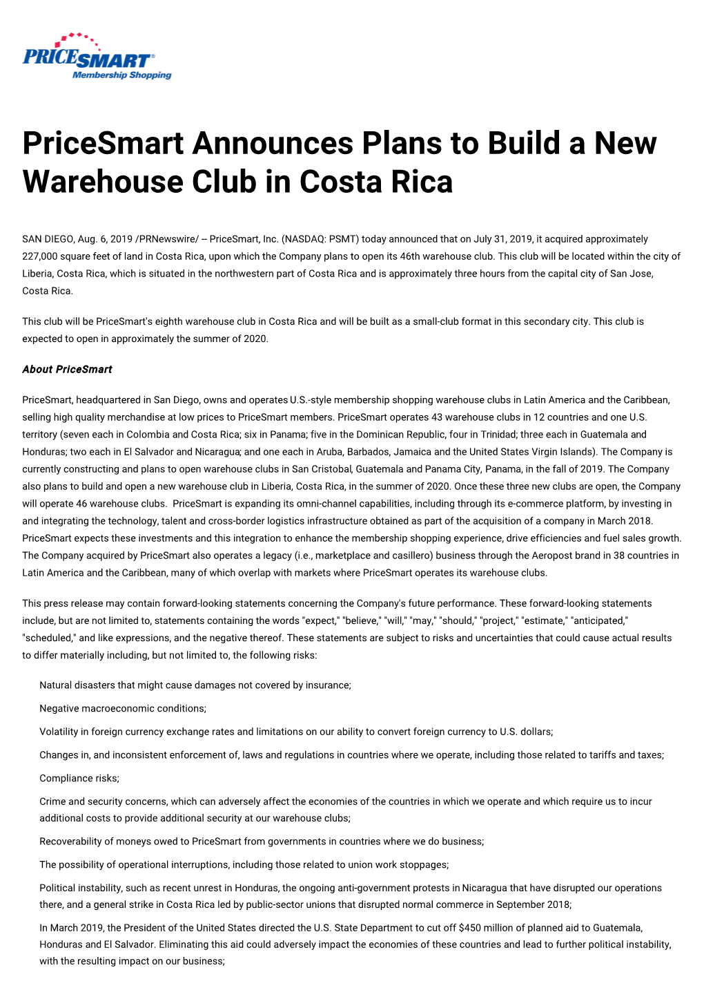 Pricesmart Announces Plans to Build a New Warehouse Club in Costa Rica