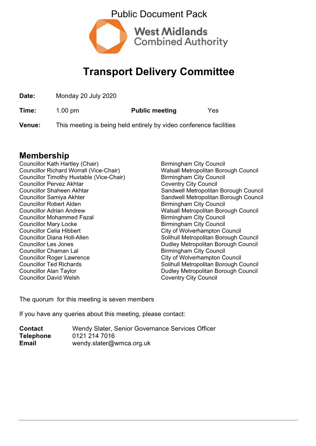 (Public Pack)Agenda Document for Transport Delivery Committee, 20