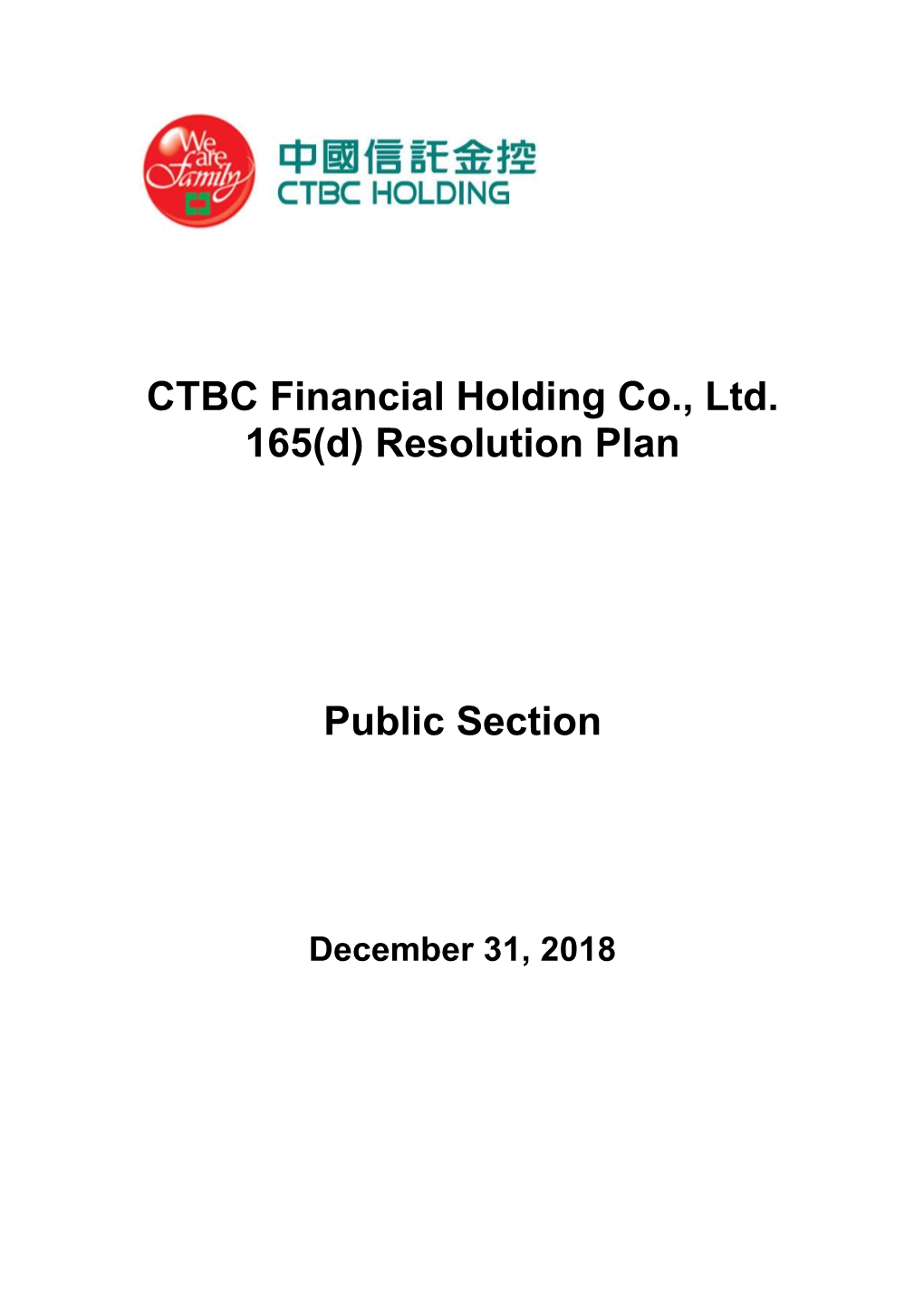 CTBC Financial Holding Co., Ltd. 165(D) Resolution Plan