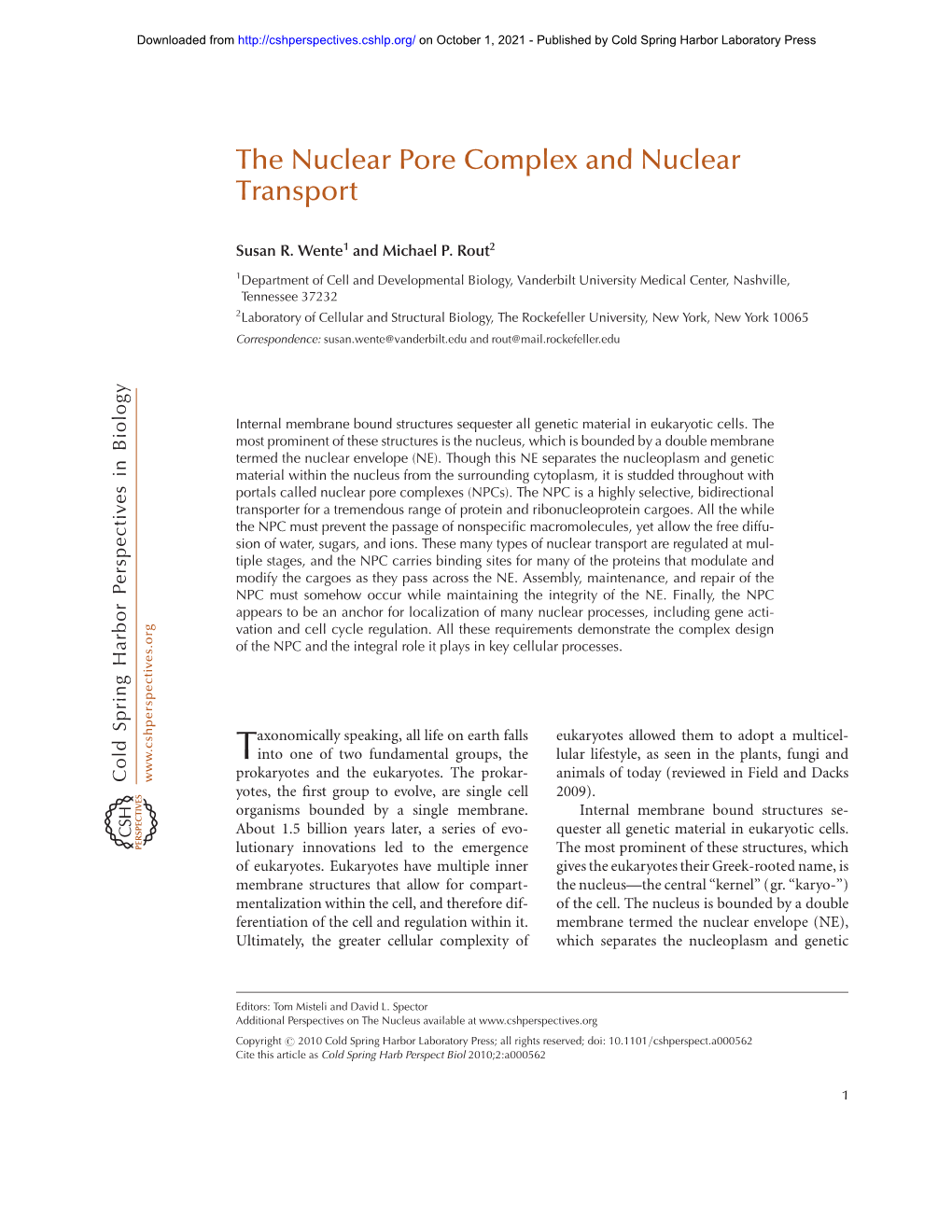 The Nuclear Pore Complex and Nuclear Transport