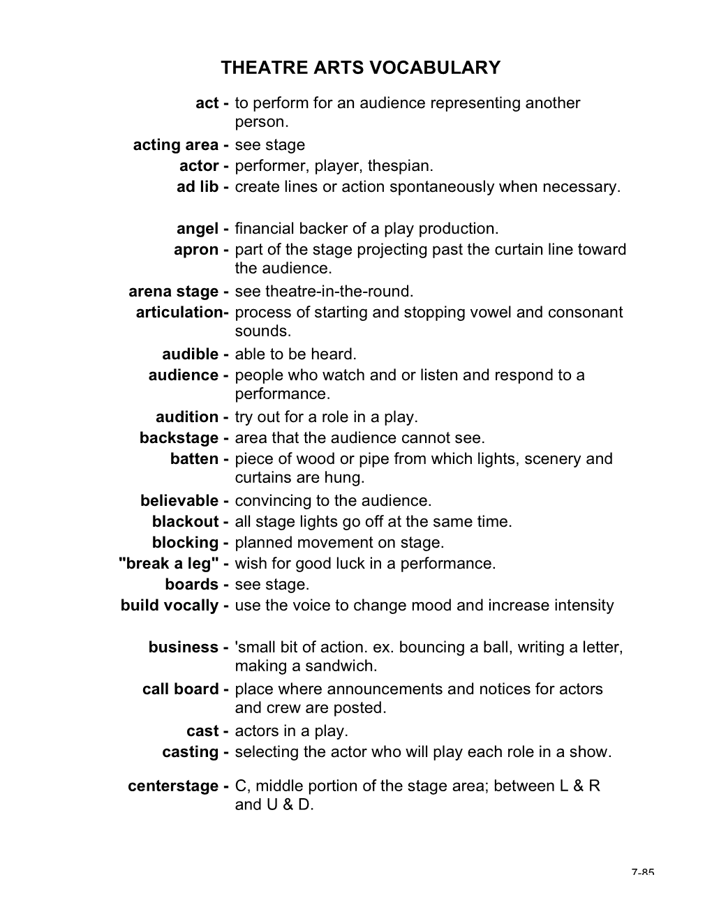 Theatre Arts Vocabulary