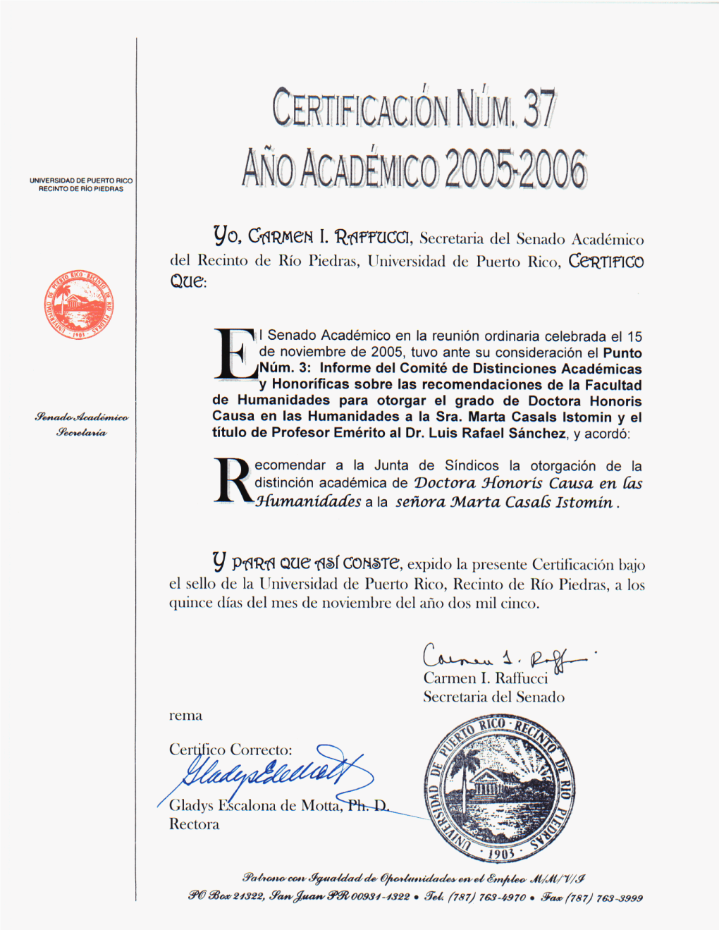 Certificación Núm. 37, Año Académico 2005-2006