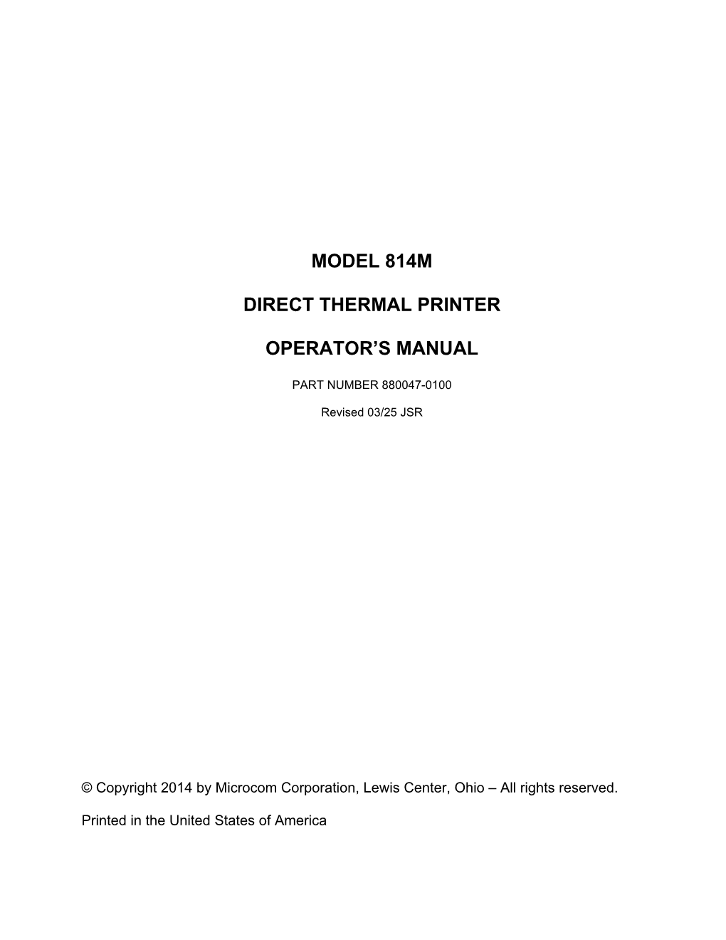 Model 814M Direct Thermal Printer Operator's Manual