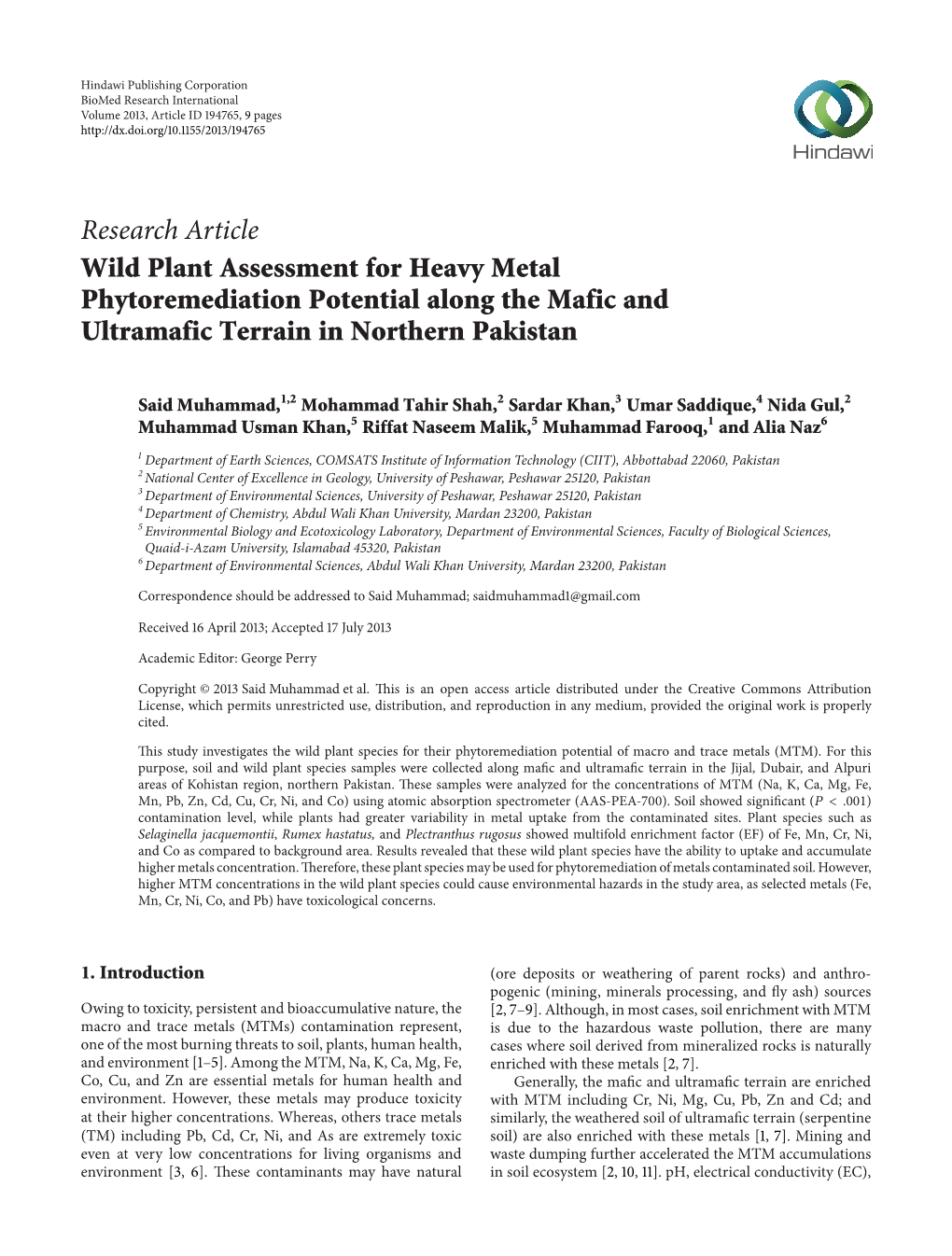 Wild Plant Assessment for Heavy Metal Phytoremediation Potential Along the Mafic and Ultramafic Terrain in Northern Pakistan