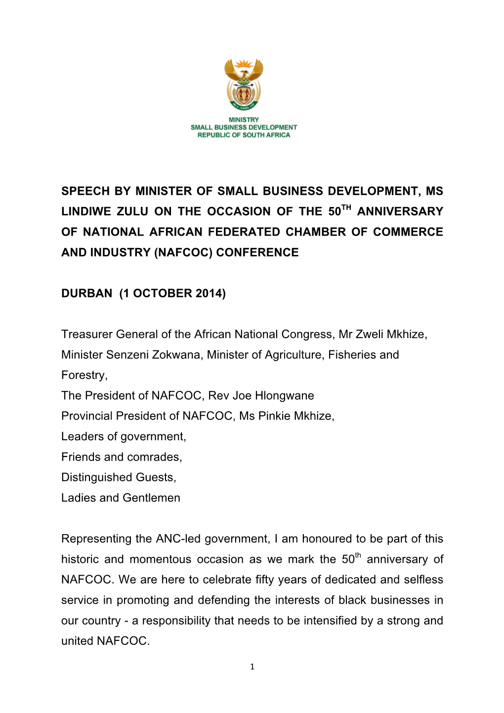 Speech by Minister of Small Business Development, Ms