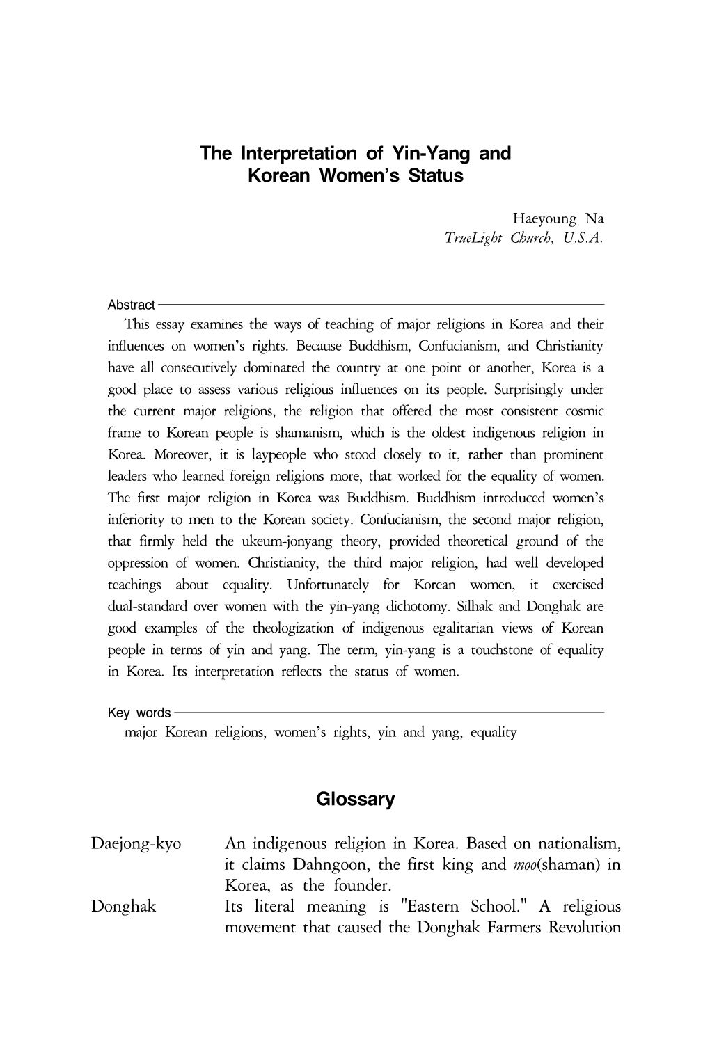 The Interpretation of Yin-Yang and Korean Women's Status Glossary