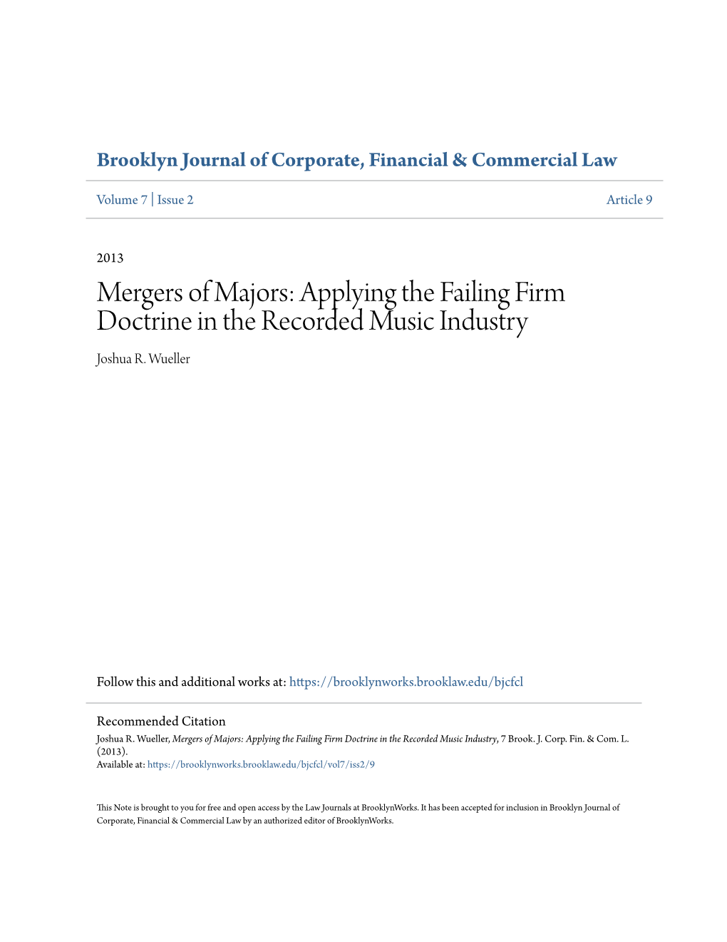 Applying the Failing Firm Doctrine in the Recorded Music Industry Joshua R