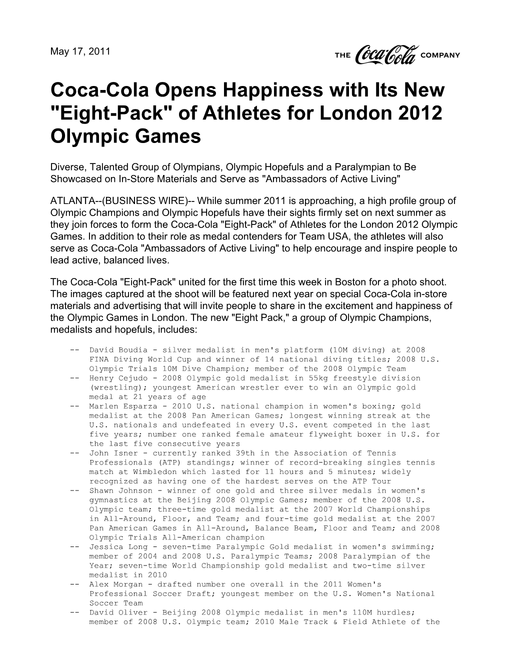 Coca-Cola Opens Happiness with Its New "Eight-Pack" of Athletes for London 2012 Olympic Games