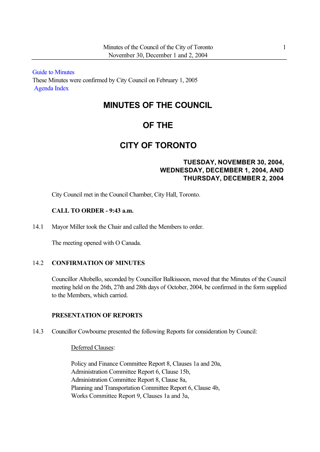 Minutes of the Council of the City of Toronto 1 November 30, December 1 and 2, 2004