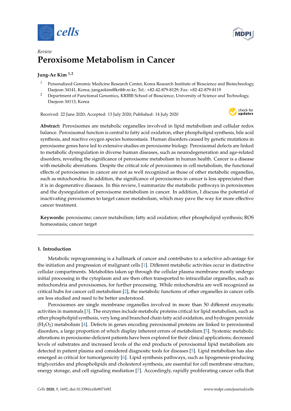 Peroxisome Metabolism in Cancer