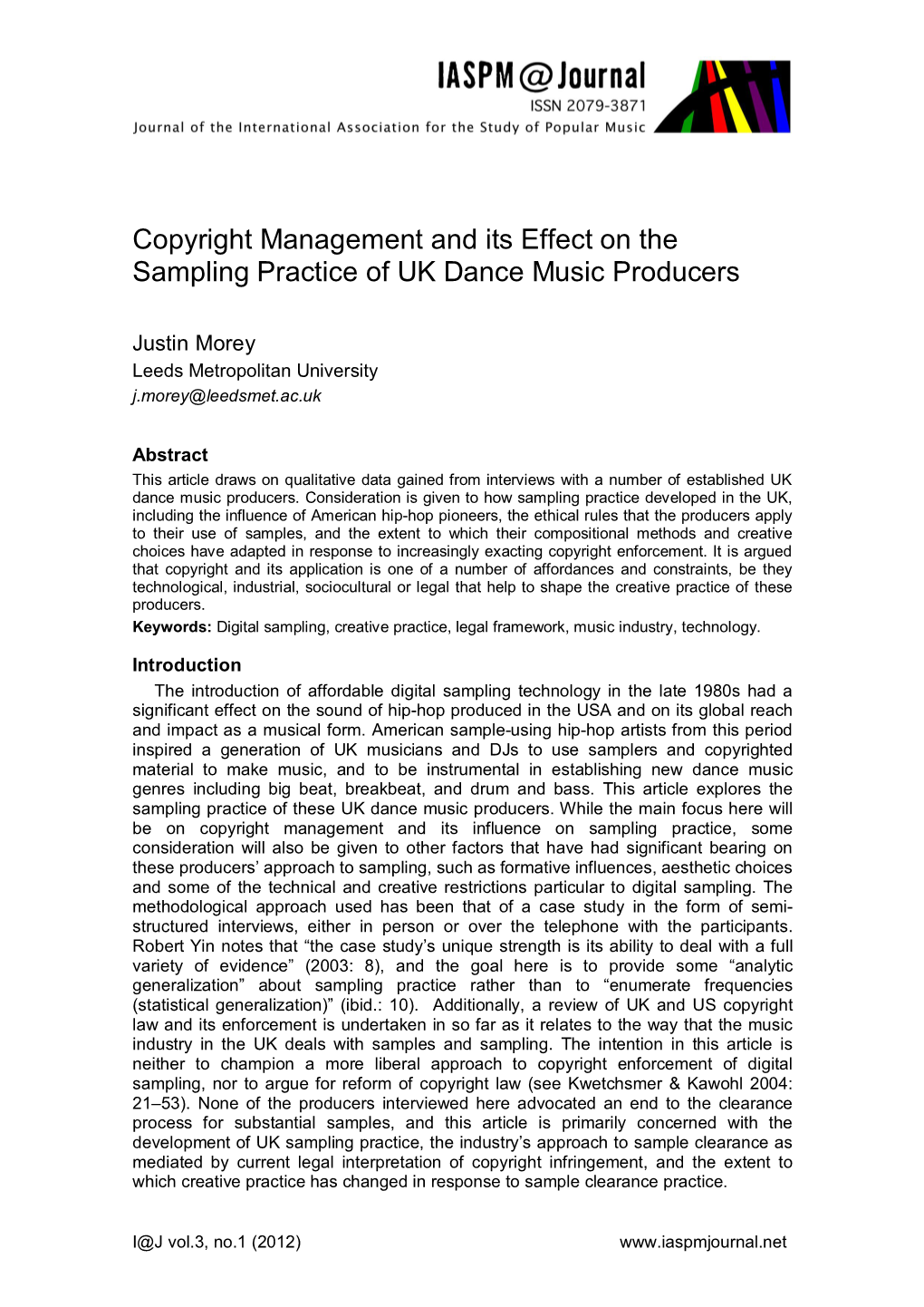 Copyright Management and Its Effect on the Sampling Practice of UK Dance Music Producers