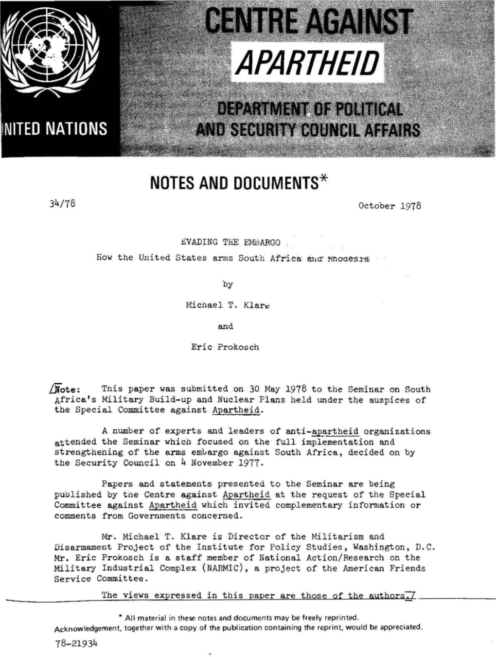 NOTES and DOCUMENTS* 34/78 October 1978