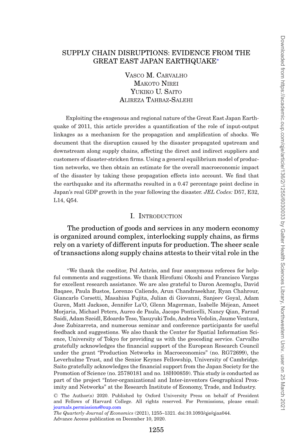 Supply Chain Disruptions: Evidence from the Great East Japan Earthquake∗