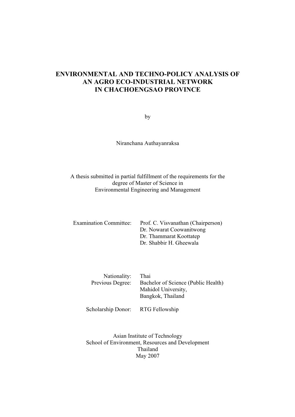 Environmental and Techno-Policy Analysis of an Agro Eco-Industrial Network in Chachoengsao Province