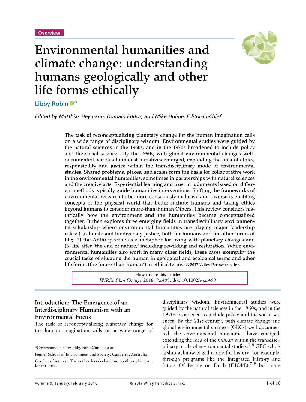 Understanding Humans Geologically and Other Life Forms Ethically Libby Robin *