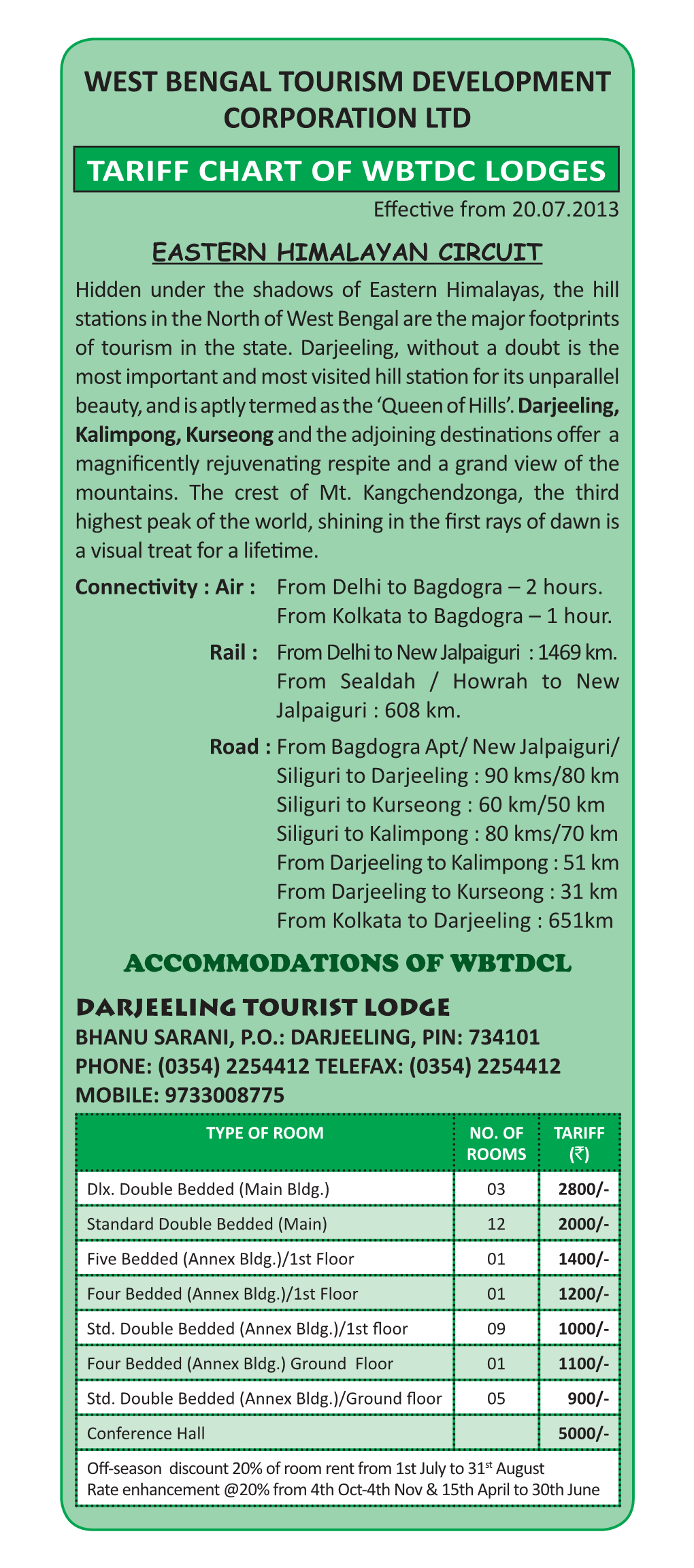 Tariff Chart of Wbtdc Lodges