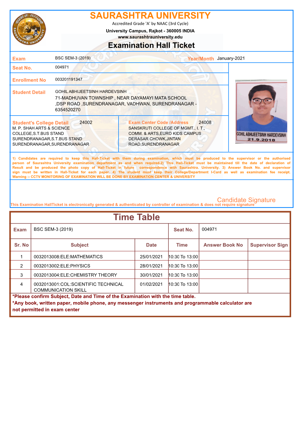 SAURASHTRA UNIVERSITY Time Table