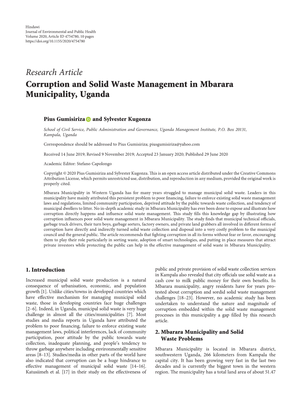 Research Article Corruption and Solid Waste Management in Mbarara Municipality, Uganda