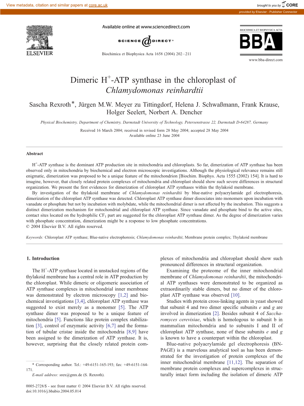 Dimeric H -ATP Synthase in the Chloroplast of Chlamydomonas Reinhardtii