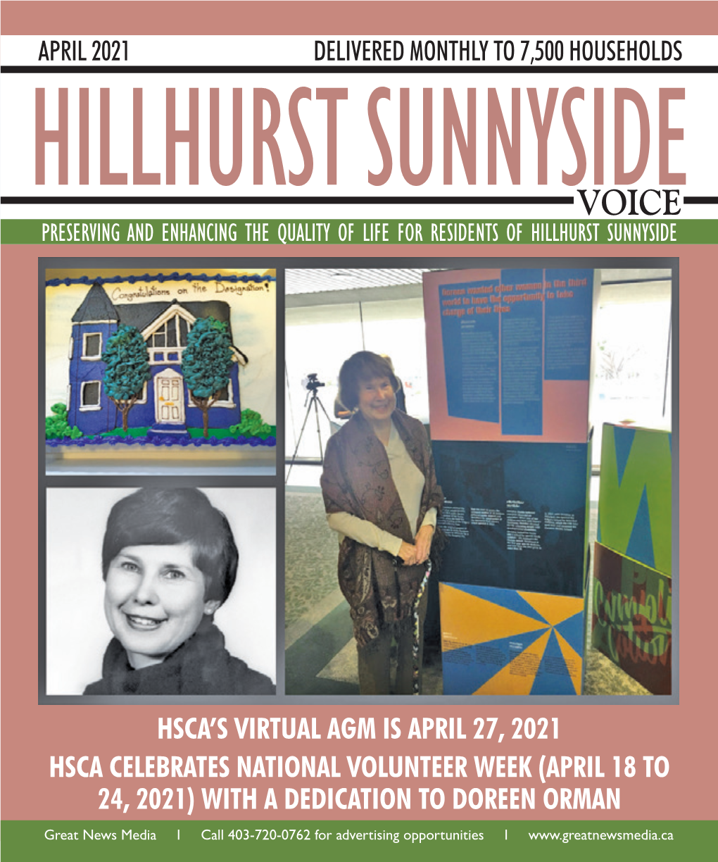 Hsca's Virtual Agm Is April 27, 2021 Hsca Celebrates National Volunteer Week (April 18 to 24, 2021) with a Dedication to Doree