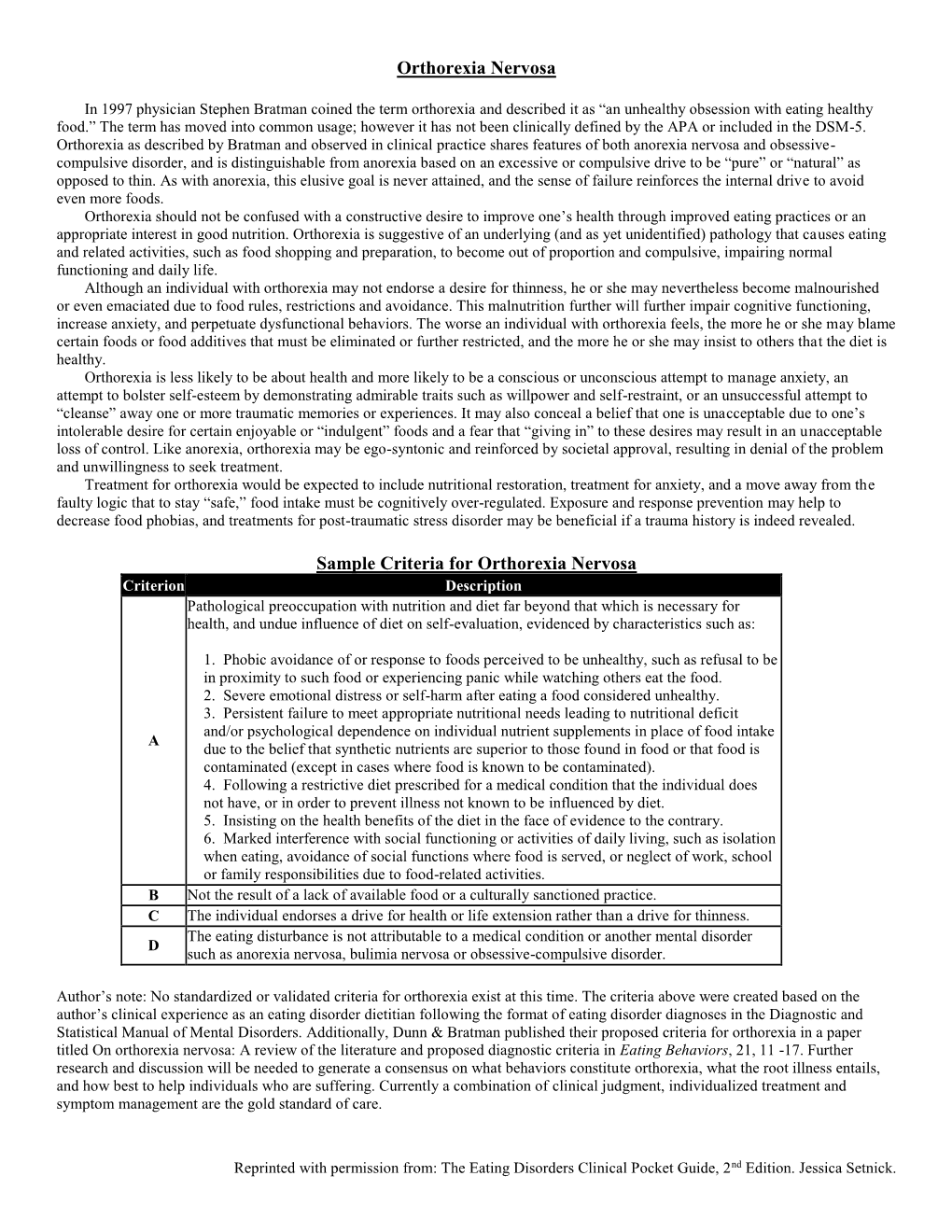 Orthorexia Nervosa Sample Criteria for Orthorexia Nervosa