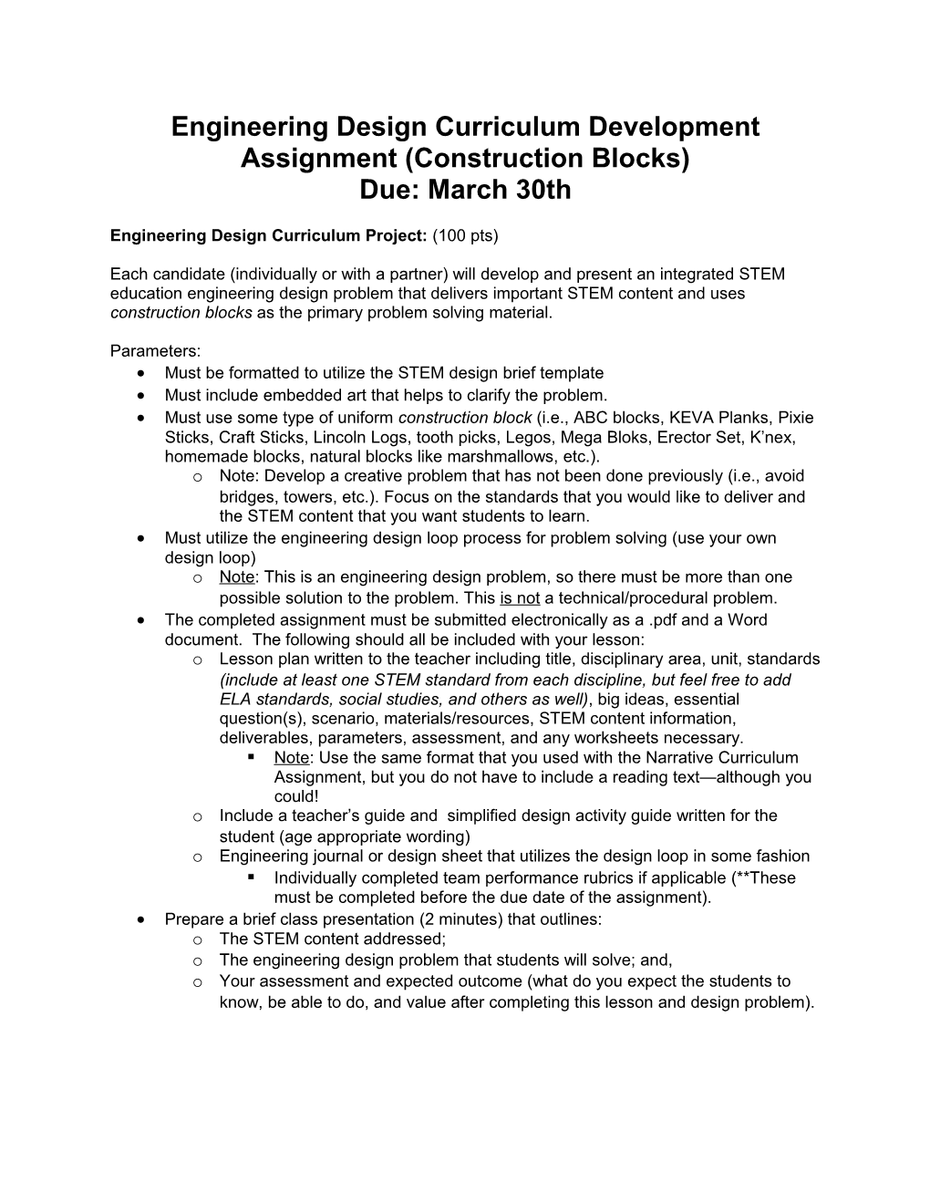 Engineering Design Curriculum Development Assignment (Construction Blocks)