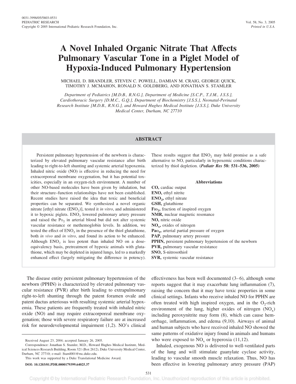 A Novel Inhaled Organic Nitrate That Affects Pulmonary Vascular Tone in a Piglet Model of Hypoxia-Induced Pulmonary Hypertension