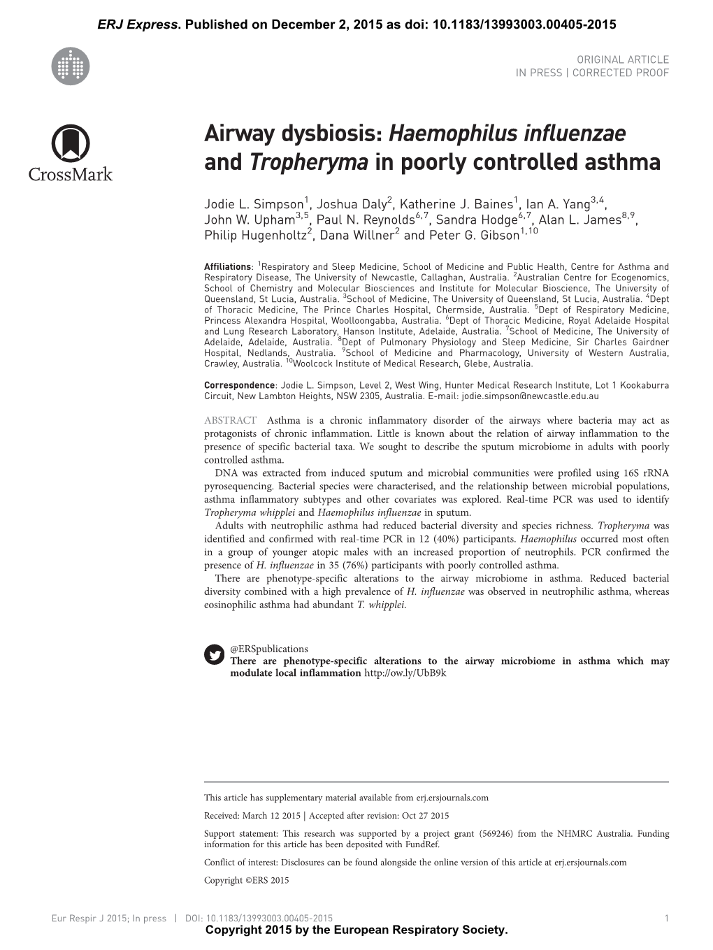 Airway Dysbiosis: Haemophilus Influenzae and Tropheryma in Poorly Controlled Asthma