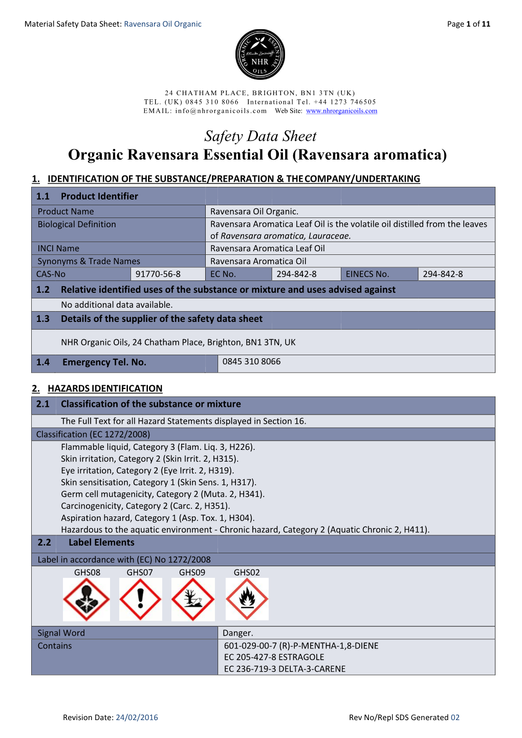 Safety Data Sheet Organic Ravensara Essential Oil (Ravensara Aromatica)