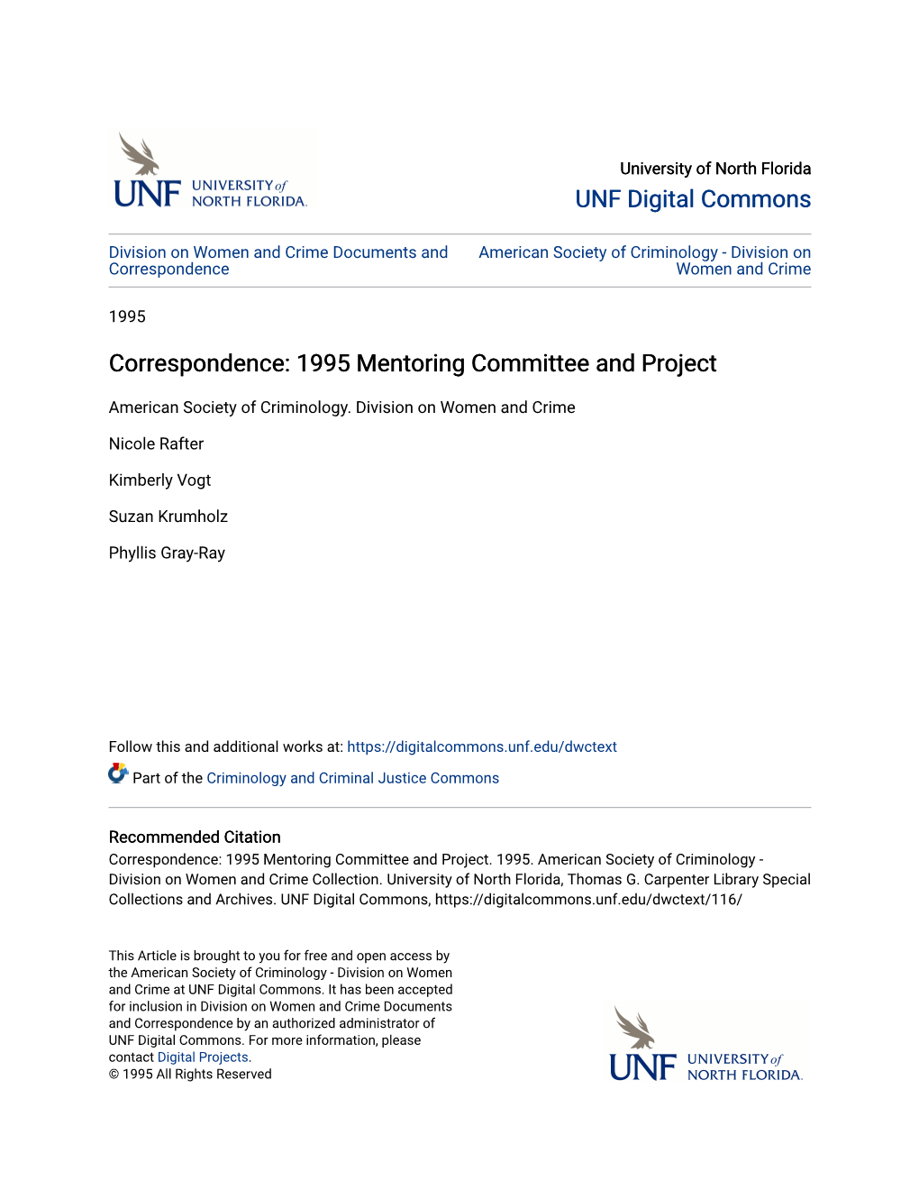 Correspondence: 1995 Mentoring Committee and Project