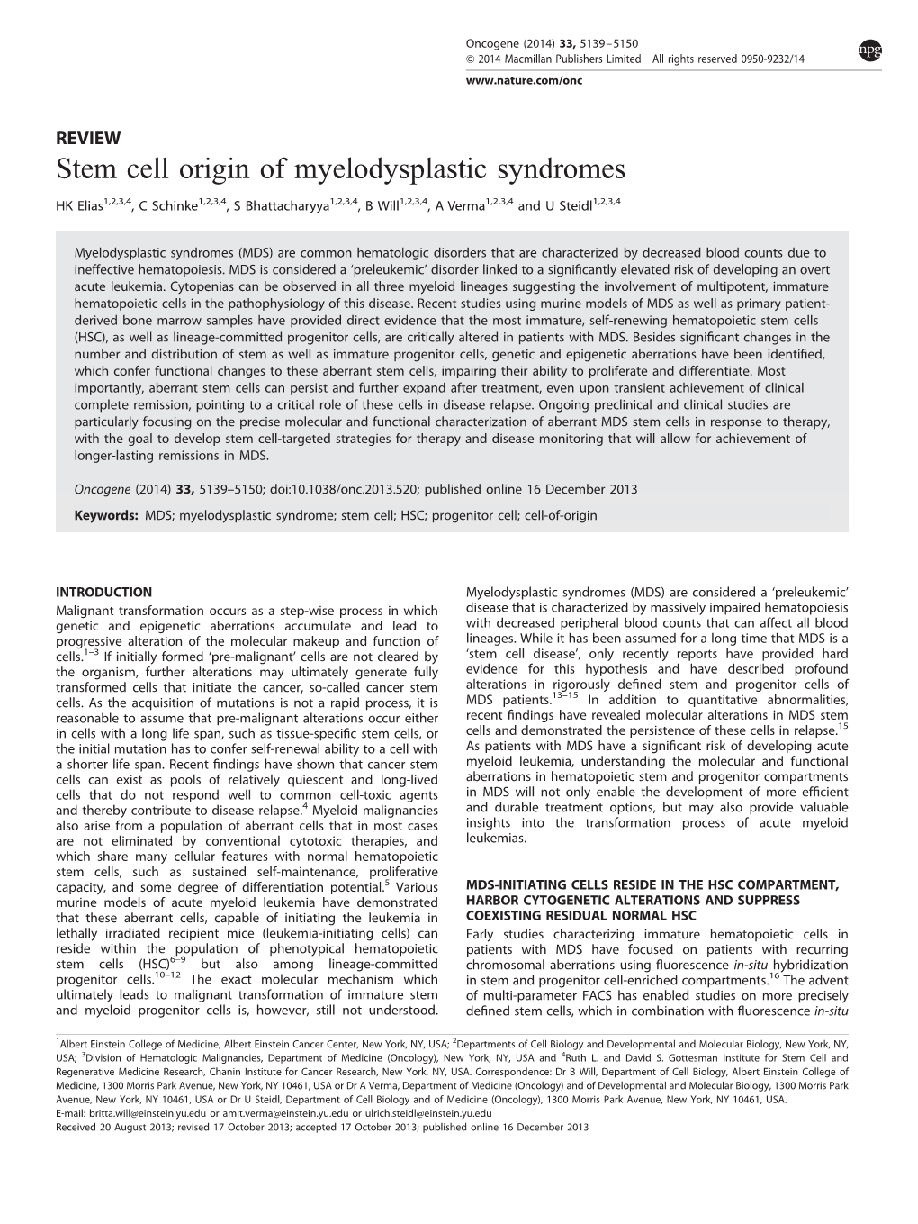 Stem Cell Origin of Myelodysplastic Syndromes