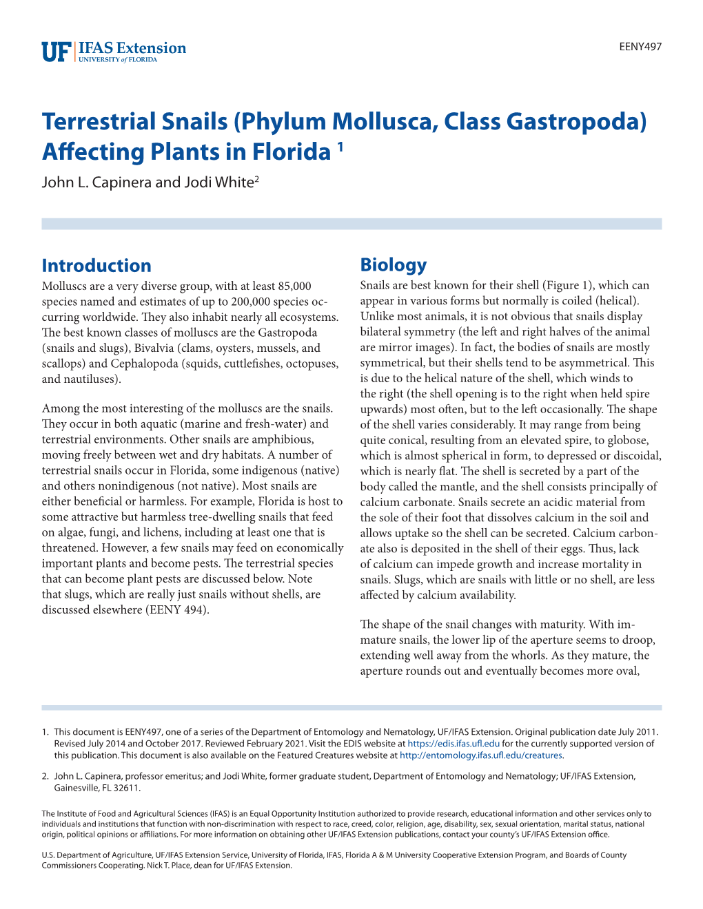 Terrestrial Snails (Phylum Mollusca, Class Gastropoda) Affecting Plants in Florida1 John L