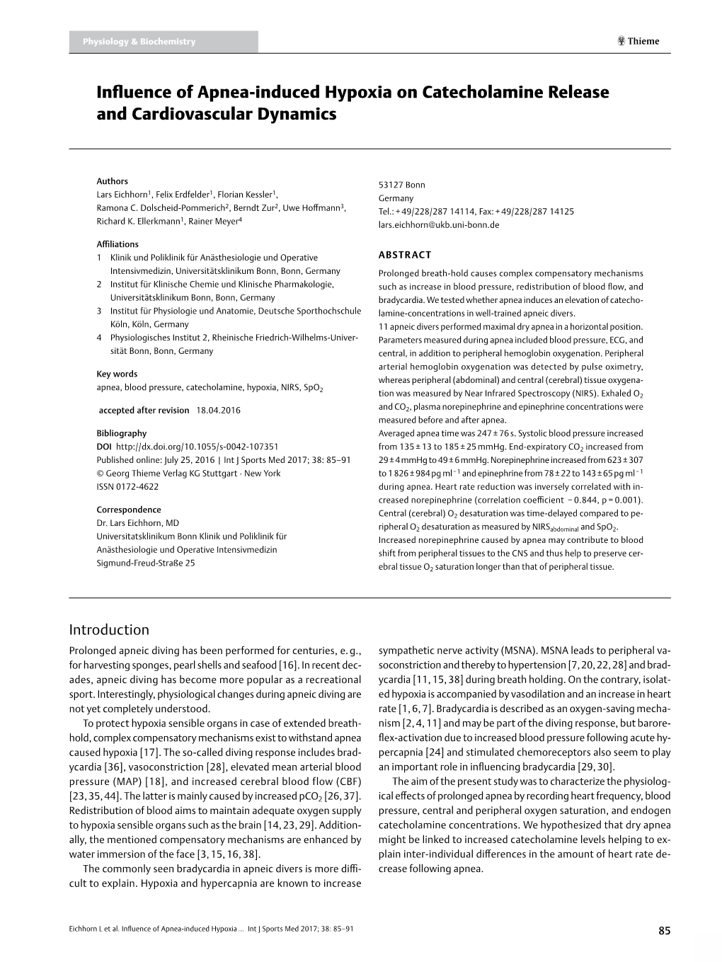 Influence of Apnea-Induced Hypoxia on Catecholamine Release and Cardiovascular Dynamics