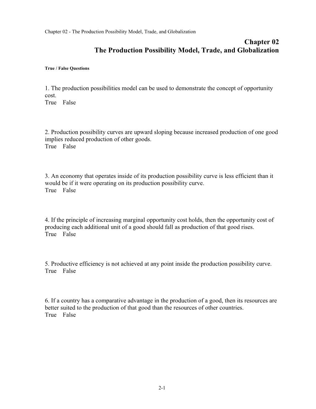 Chapter 02 the Production Possibility Model, Trade, and Globalization s1