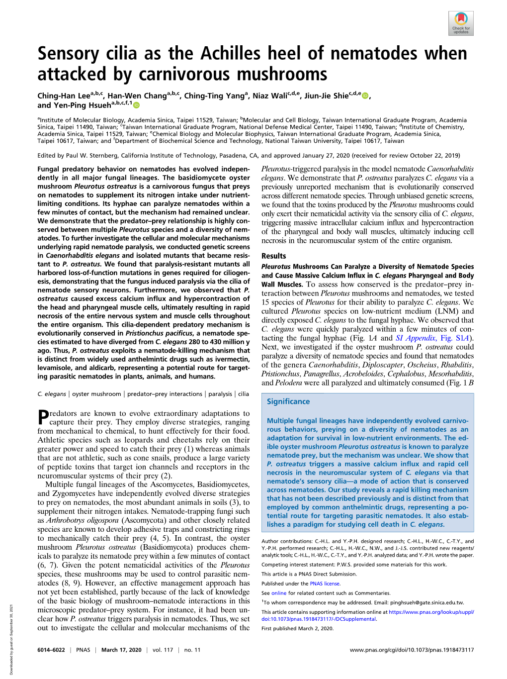 Sensory Cilia As the Achilles Heel of Nematodes When Attacked by Carnivorous Mushrooms