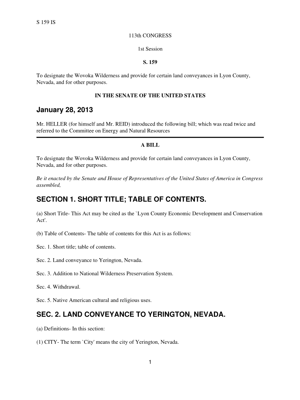 Table of Contents. Sec. 2. Land Conveyance to Yerington