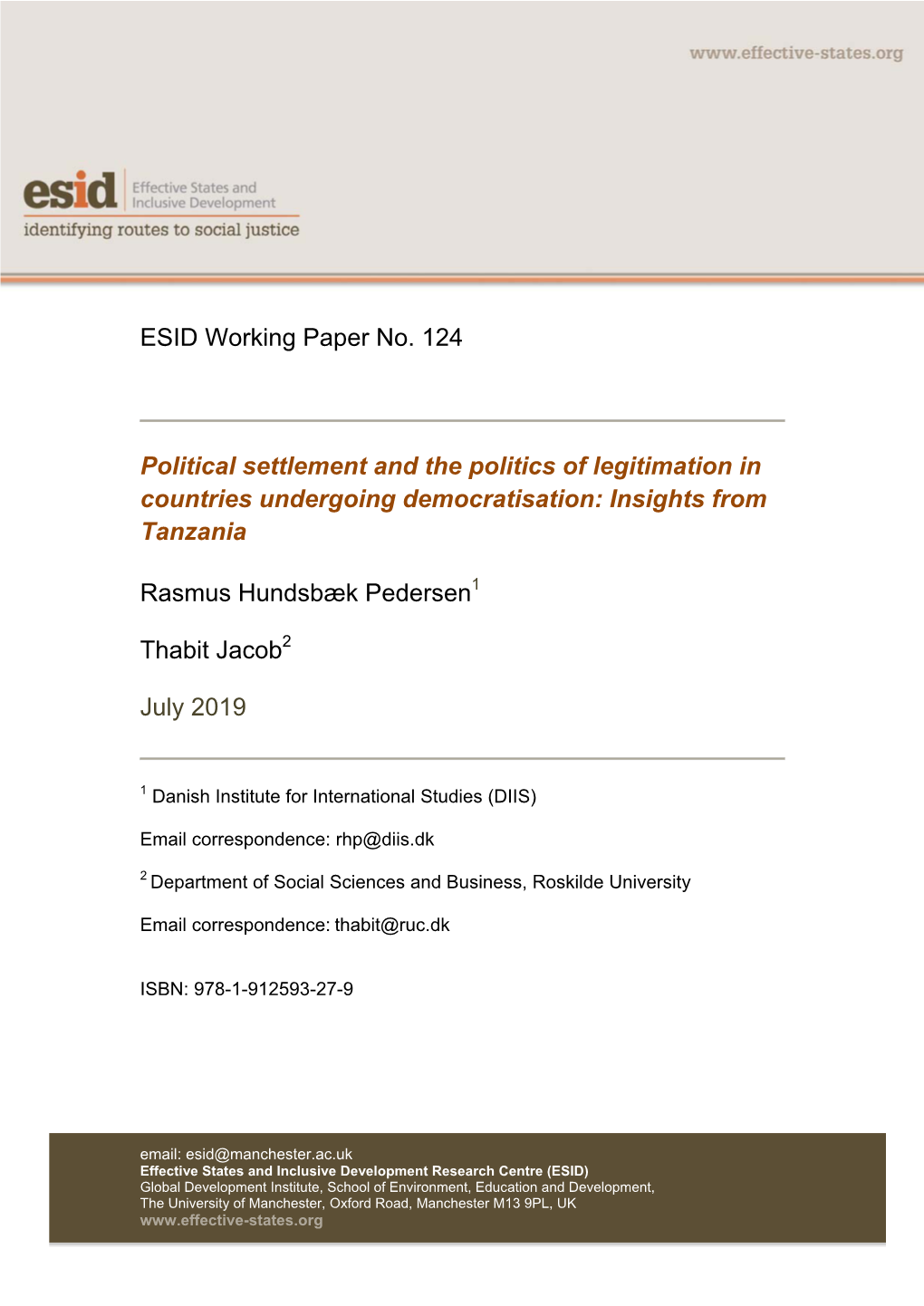 ESID Working Paper No. 124 Political Settlement and the Politics Of