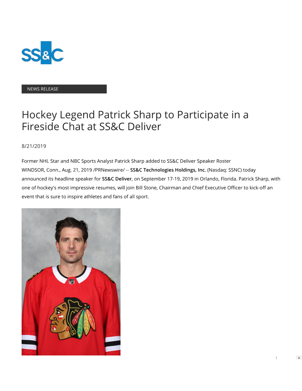 Hockey Legend Patrick Sharp to Participate in a Fireside Chat at SS&C Deliver