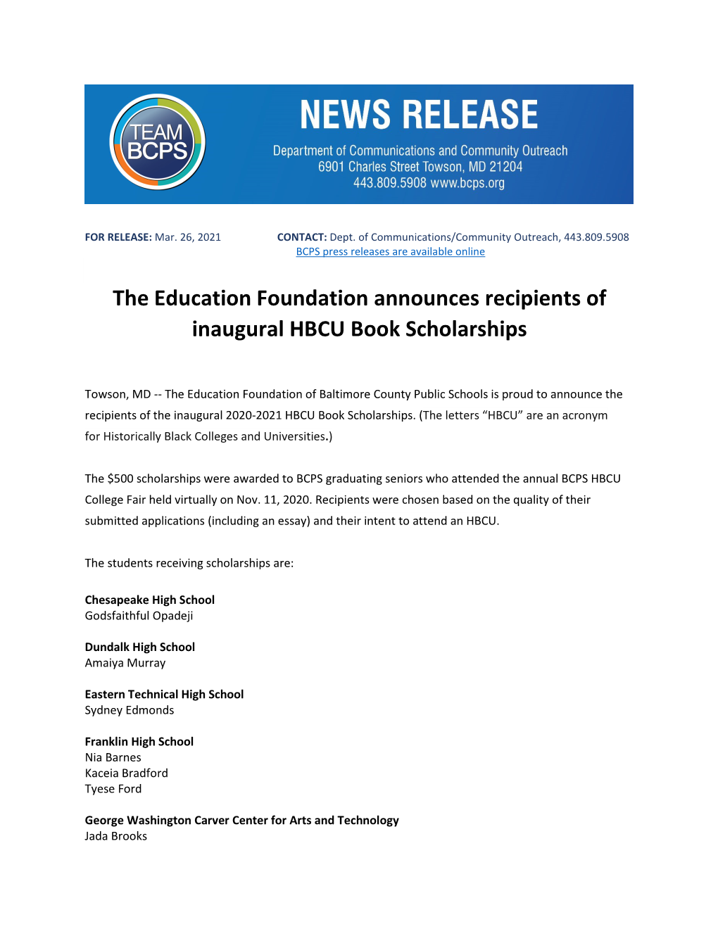 The Education Foundation Announces Recipients of Inaugural HBCU Book Scholarships