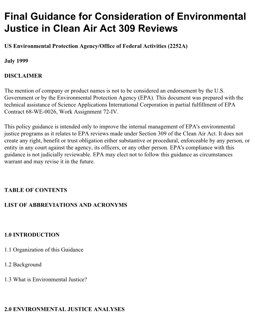 Final Guidance for Consideration of Environmental Justice in Clean Air Act 309 Reviews