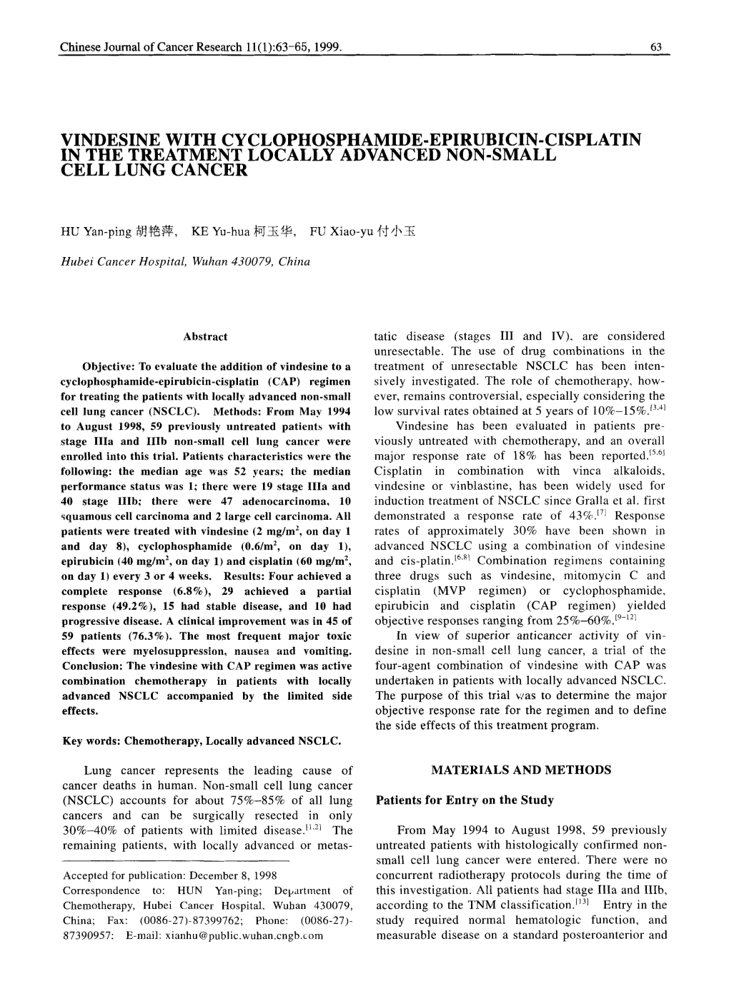 Vindesine with Cyclophosphamide-Epirubicin-Cisplatin in the Treatment Locally Advanced Non-Small Cell Lung Cancer